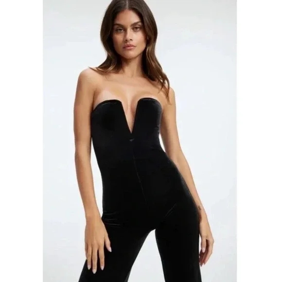 Good American Jumpsuit Size 1 Small Black Strapless Velvet V Neck - Picture 4 of 14